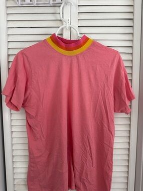 Big Bud Press Pink Short Sleeve Tee with Yellow & Red Stripe Collar